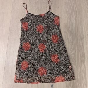 90's Leopard Print Mini Dress with Red Rose Pattern